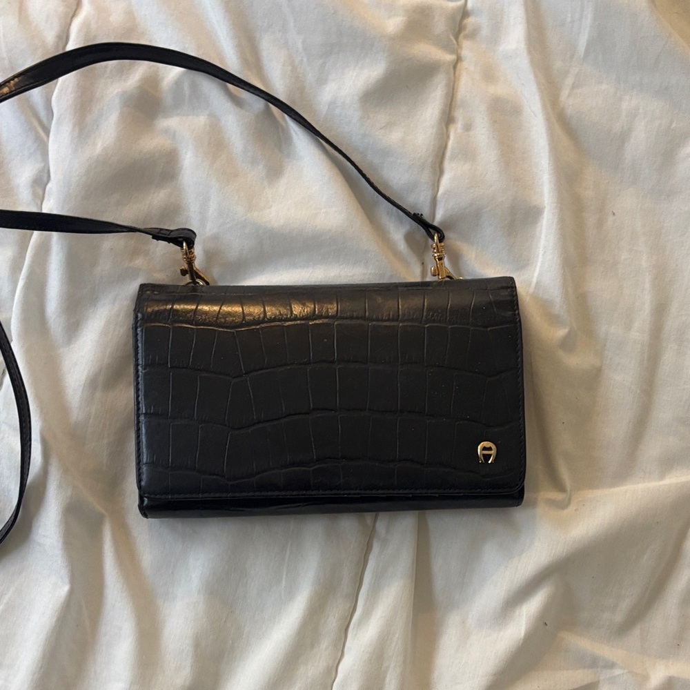 Etienne aigner  Black Croc-Embossed Leather Crossbody Bag